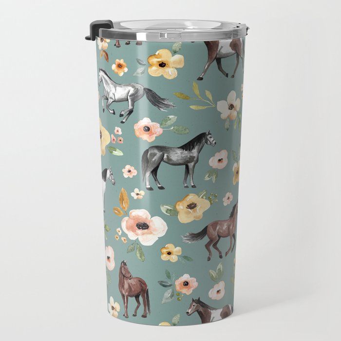 Horses and Sunrise Blue Floral, Horse Love, Wild Horses, Yellow and Pink Flowers Travel Mug Gallery Image 3