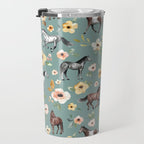 Horses and Sunrise Blue Floral, Horse Love, Wild Horses, Yellow and Pink Flowers Travel Mug Gallery Image 3
