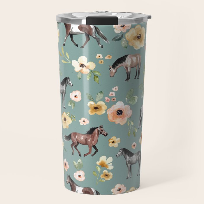 Horses and Sunrise Blue Floral, Horse Love, Wild Horses, Yellow and Pink Flowers Travel Mug Gallery Image 1