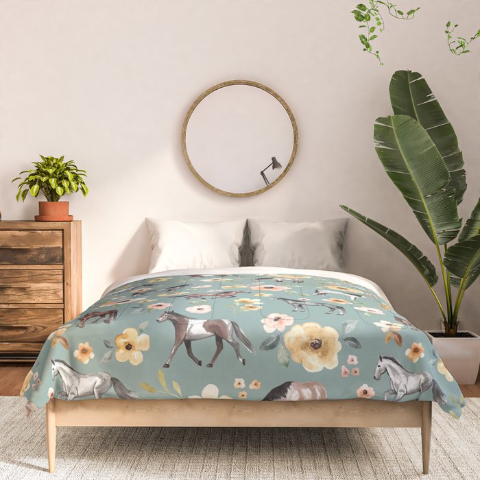 Horses and Sunrise Blue Floral, Horse Love, Wild Horses, Yellow and Pink Flowers Comforter Gallery Image 3