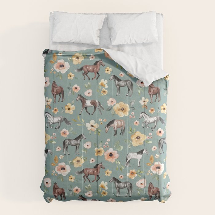 Horses and Sunrise Blue Floral, Horse Love, Wild Horses, Yellow and Pink Flowers Comforter Gallery Image 1
