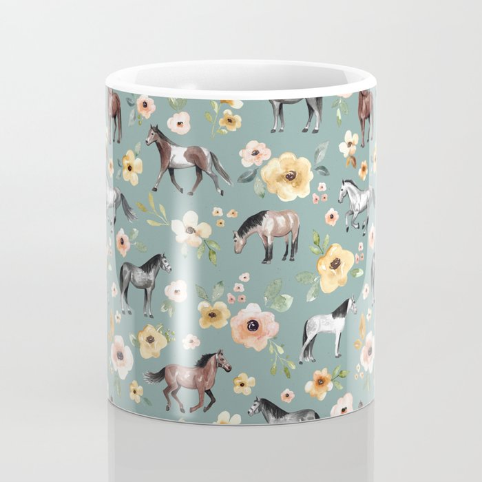 Horses and Sunrise Blue Floral, Horse Love, Wild Horses, Yellow and Pink Flowers Coffee Mug Gallery Image 4
