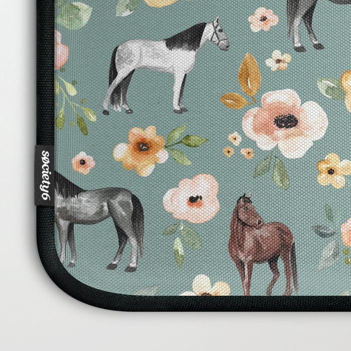 Horses and Sunrise Blue Floral, Horse Love, Wild Horses, Yellow and Pink Flowers Laptop Sleeve Gallery Image 3