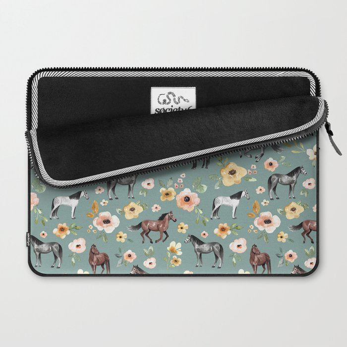 Horses and Sunrise Blue Floral, Horse Love, Wild Horses, Yellow and Pink Flowers Laptop Sleeve Gallery Image 2
