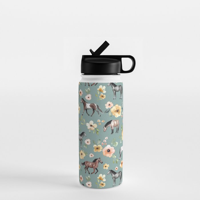 Horses and Sunrise Blue Floral, Horse Love, Wild Horses, Yellow and Pink Flowers Water Bottle Gallery Image 1