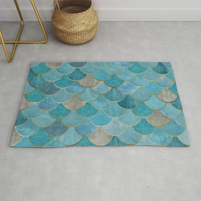 Moroccan Fish Scale Mermaid Pattern, Teal Blue and Gold Rug Gallery Image 1