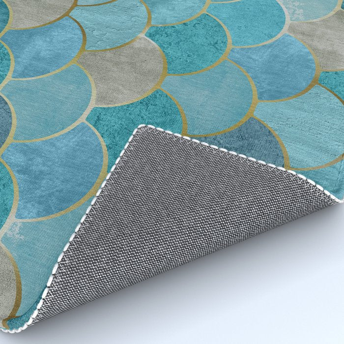 Moroccan Fish Scale Mermaid Pattern, Teal Blue and Gold Rug Gallery Image 4