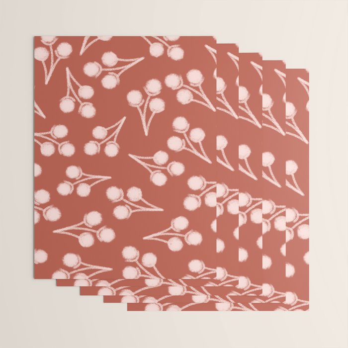 Cotton Stems Botanical Pattern in Pale Blush Pink and Red Soil Rust Wrapping Paper Gallery Image 3