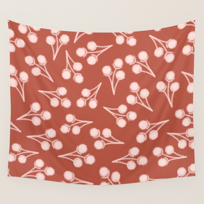 Cotton Stems Botanical Pattern in Pale Blush Pink and Red Soil Rust Wall Tapestry Gallery Image 1