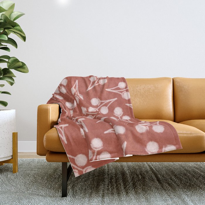 Cotton Stems Botanical Pattern in Pale Blush Pink and Red Soil Rust Throw Blanket Gallery Image 1