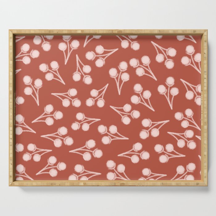 Cotton Stems Botanical Pattern in Pale Blush Pink and Red Soil Rust Serving Tray Gallery Image 1
