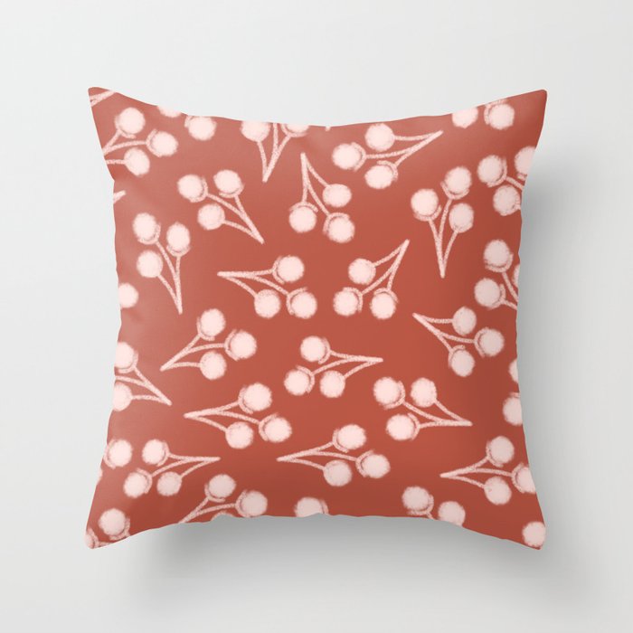 Cotton Stems Botanical Pattern in Pale Blush Pink and Red Soil Rust Throw Pillow Gallery Image 6