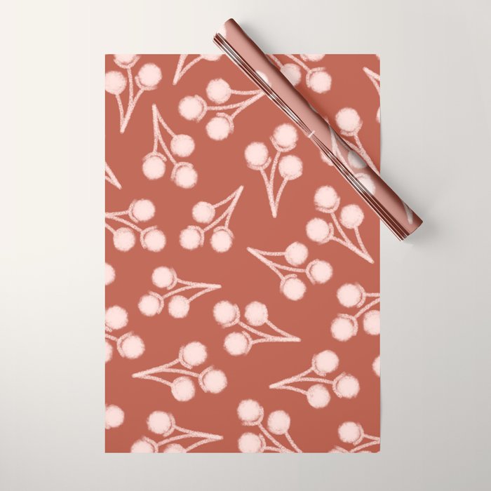 Cotton Stems Botanical Pattern in Pale Blush Pink and Red Soil Rust Wrapping Paper Gallery Image 1
