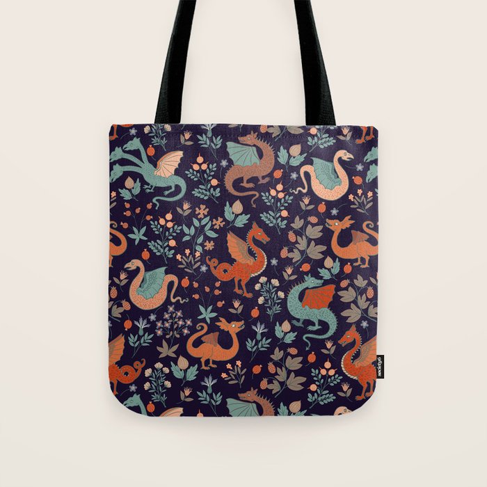 Dragons and Flowers Dark Purple Tote Bag Gallery Image 1