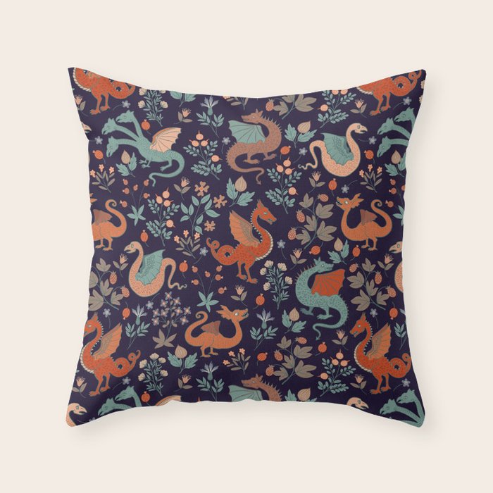 Dragons and Flowers Dark Purple Throw Pillow Gallery Image 1