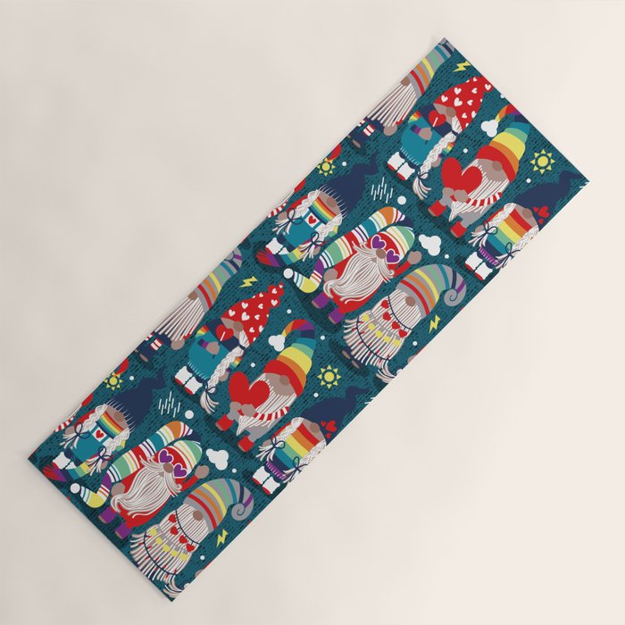 I gnome you // dark teal background little happy and lovely gnomes with rainbows vivid red hearts Yoga Mat Gallery Image 1