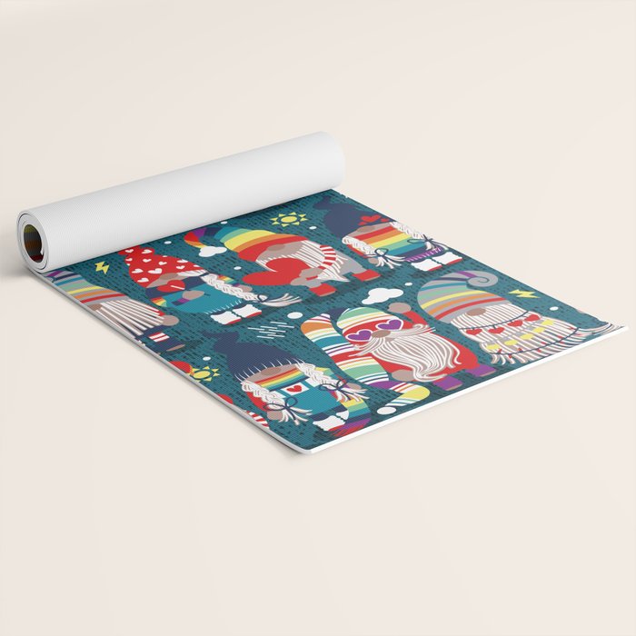 I gnome you // dark teal background little happy and lovely gnomes with rainbows vivid red hearts Yoga Mat Gallery Image 2