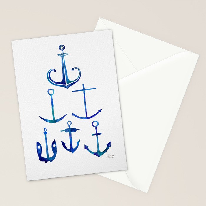 Anchors Away - Nautical Watercolor Anchors in Blue Stationery Card Gallery Image 2