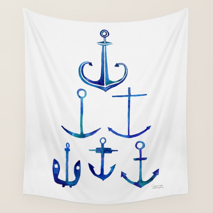 Anchors Away - Nautical Watercolor Anchors in Blue Wall Tapestry Gallery Image 1