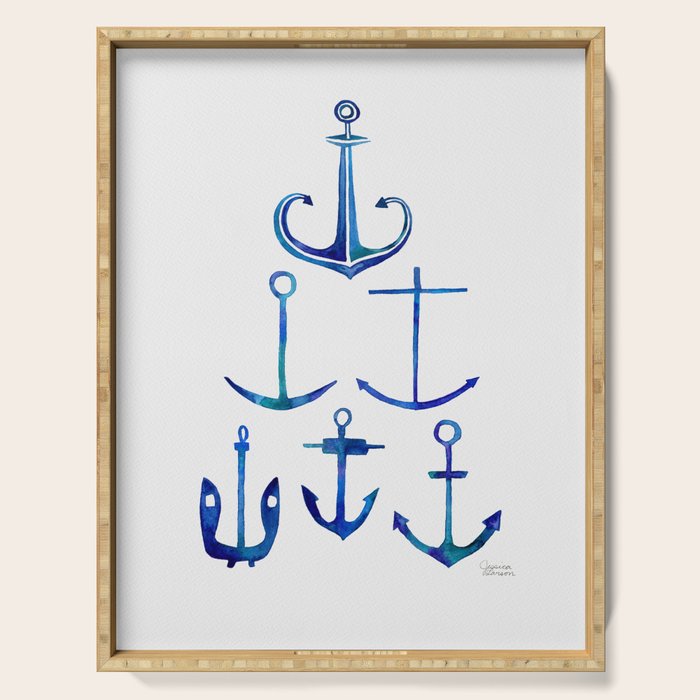Anchors Away - Nautical Watercolor Anchors in Blue Serving Tray Gallery Image 1