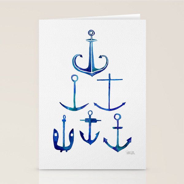 Anchors Away - Nautical Watercolor Anchors in Blue Stationery Card Gallery Image 2