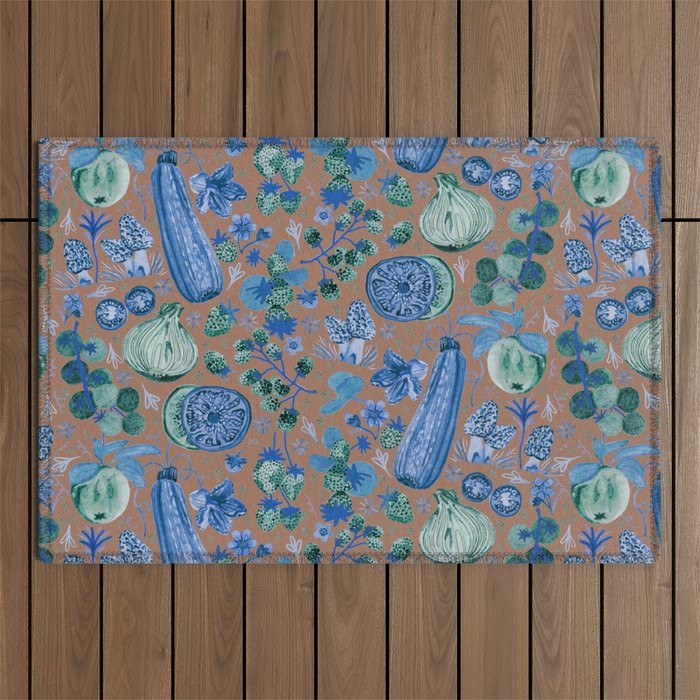 Garden Vegetables & Fresh Fruit in Blue Midnight Outdoor Rug Gallery Image 1