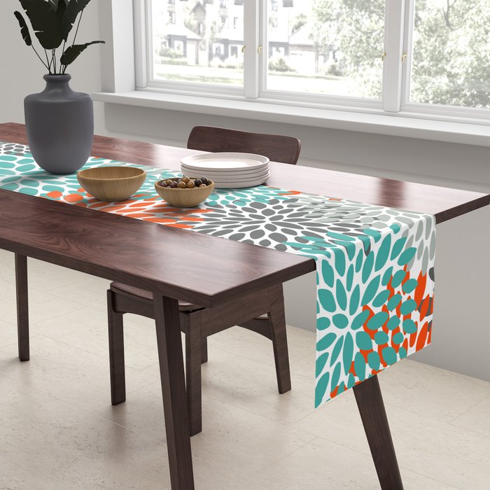 Floral Pattern, Abstract, Orange, Teal and Gray Table Runner Gallery Image 2