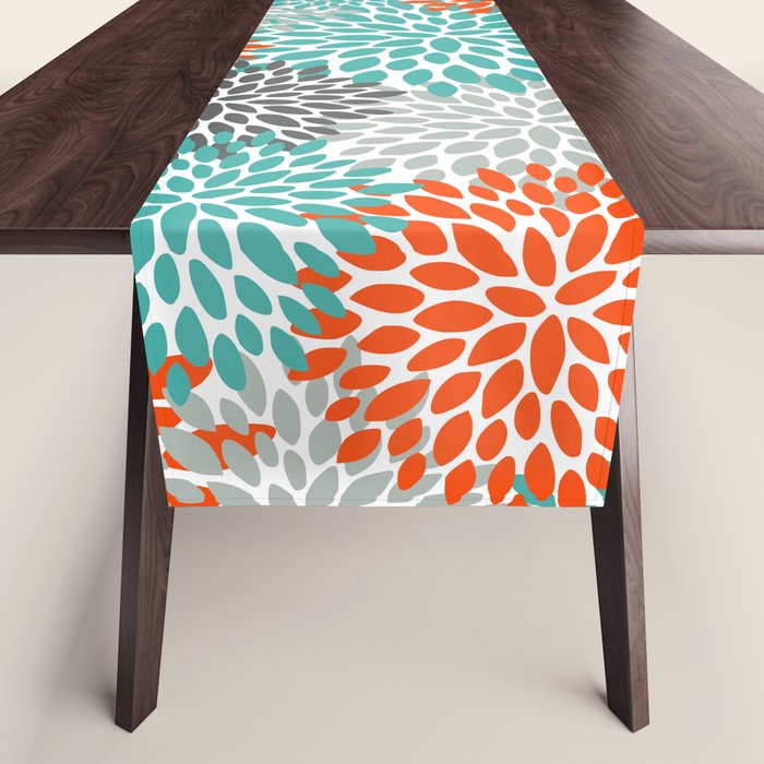 Floral Pattern, Abstract, Orange, Teal and Gray Table Runner Gallery Image 1