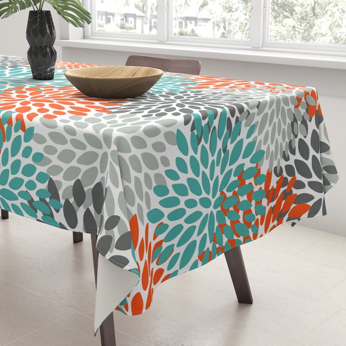 Floral Pattern, Abstract, Orange, Teal and Gray Tablecloth Gallery Image 3