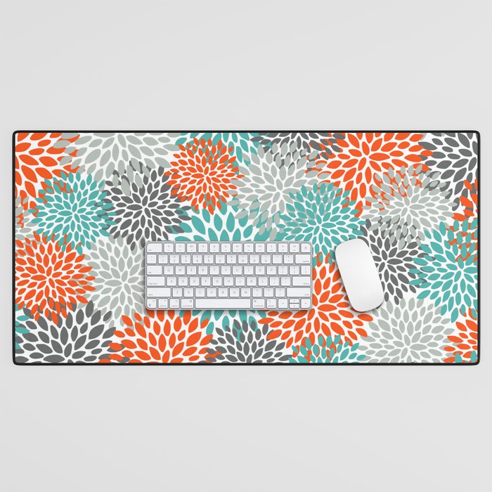 Floral Pattern, Abstract, Orange, Teal and Gray Desk Mat Gallery Image 1