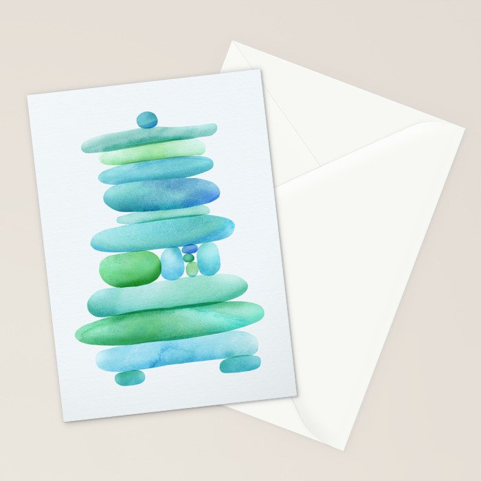 Sea Glass Cairn Watercolor - Teal and Blue Stationery Card Gallery Image 2