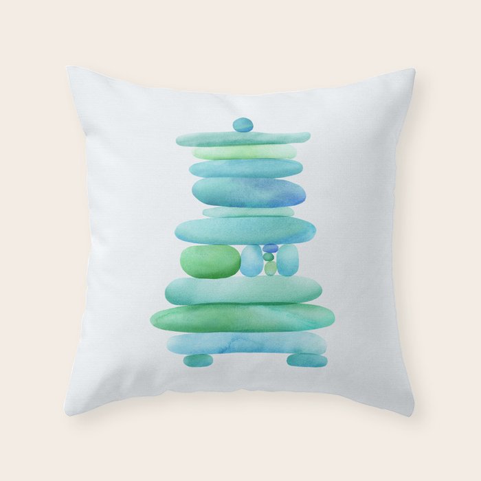 Sea Glass Cairn Watercolor - Teal and Blue Throw Pillow Gallery Image 1