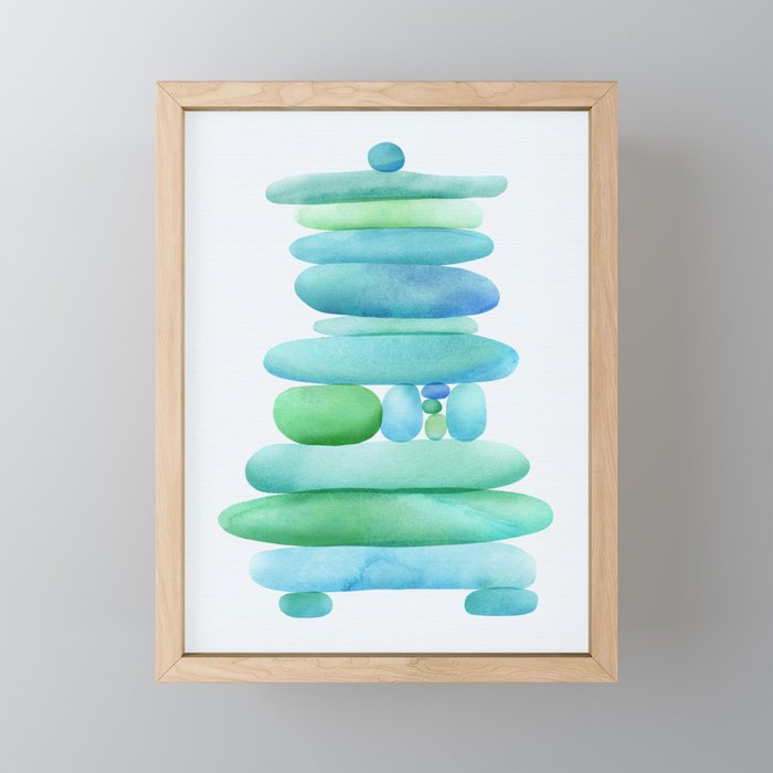 Sea Glass Cairn Watercolor - Teal and Blue Mini Art Print Gallery Image 1