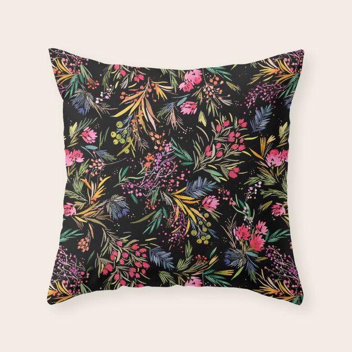 Holiday 2025 Festive Floral Foliage Colorful Dark Throw Pillow Gallery Image 1
