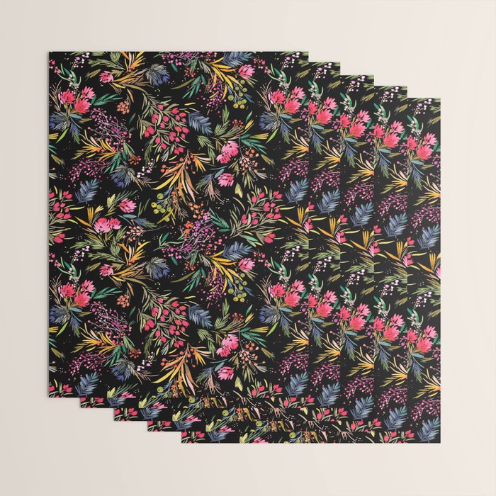 Holiday 2025 Festive Floral Foliage Colorful Dark Wrapping Paper Gallery Image 3