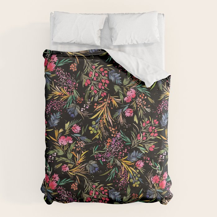 Holiday 2025 Festive Floral Foliage Colorful Dark Duvet Cover Gallery Image 1