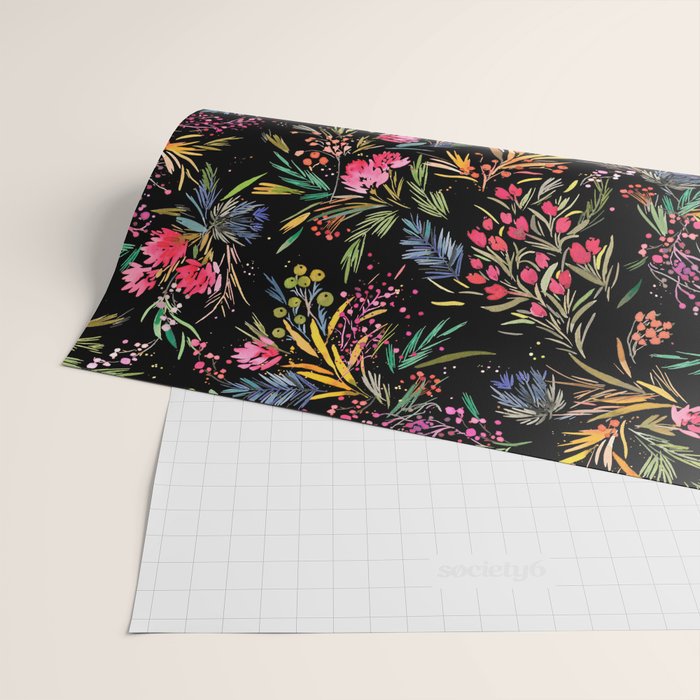 Holiday 2025 Festive Floral Foliage Colorful Dark Wrapping Paper Gallery Image 2
