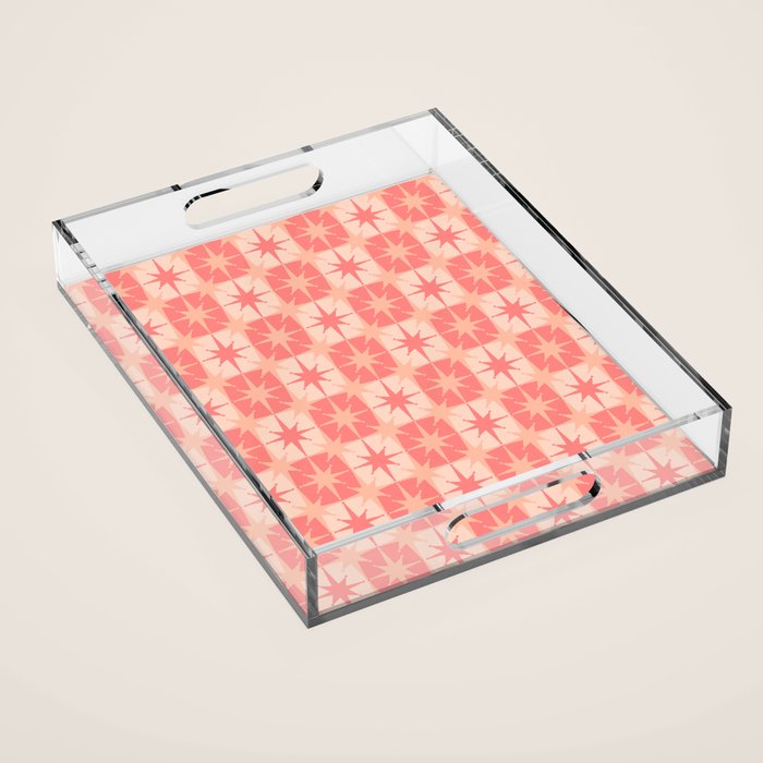 Mid Century Modern Atomic Stars Retro Checkered Starburst Pattern in Blush Pink Tones Acrylic Tray Gallery Image 1