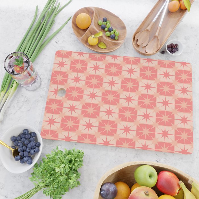 Mid Century Modern Atomic Stars Retro Checkered Starburst Pattern in Blush Pink Tones Cutting Board Gallery Image 2