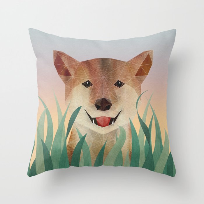 Happy Shiba in the Grass (Sunrise Dog) Throw Pillow Gallery Image 1