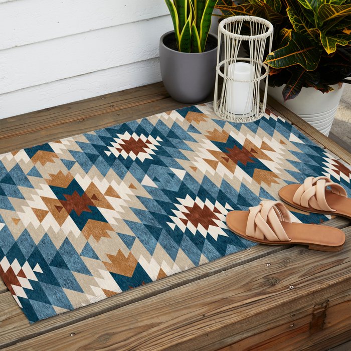Aztec Pattern Blue Colors Outdoor Rug Gallery Image 2