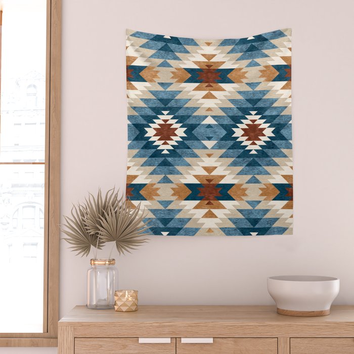 Aztec Pattern Blue Colors Wall Tapestry Gallery Image 2