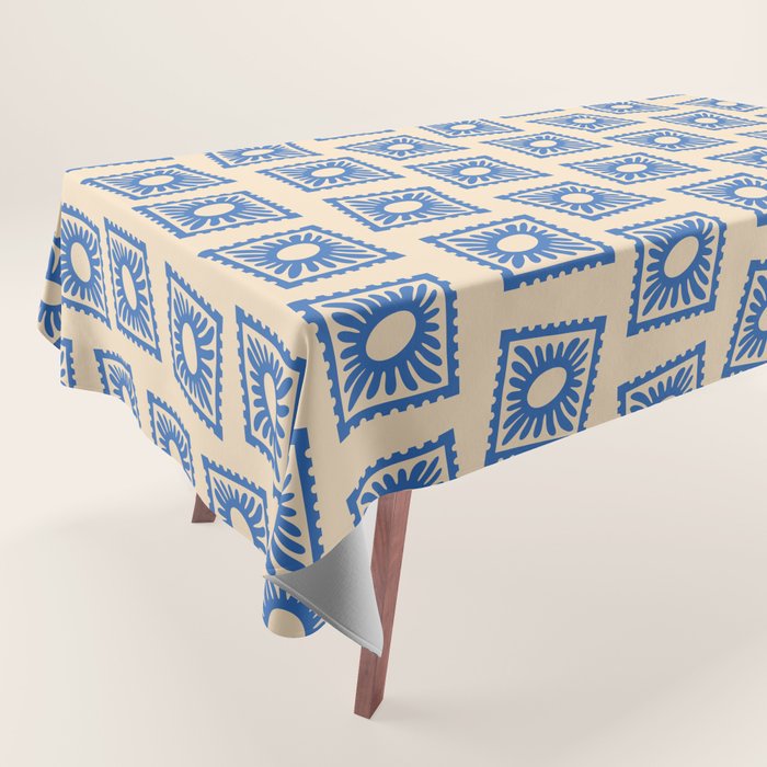 Vintage blue flower postage stamp pattern Tablecloth Gallery Image 1
