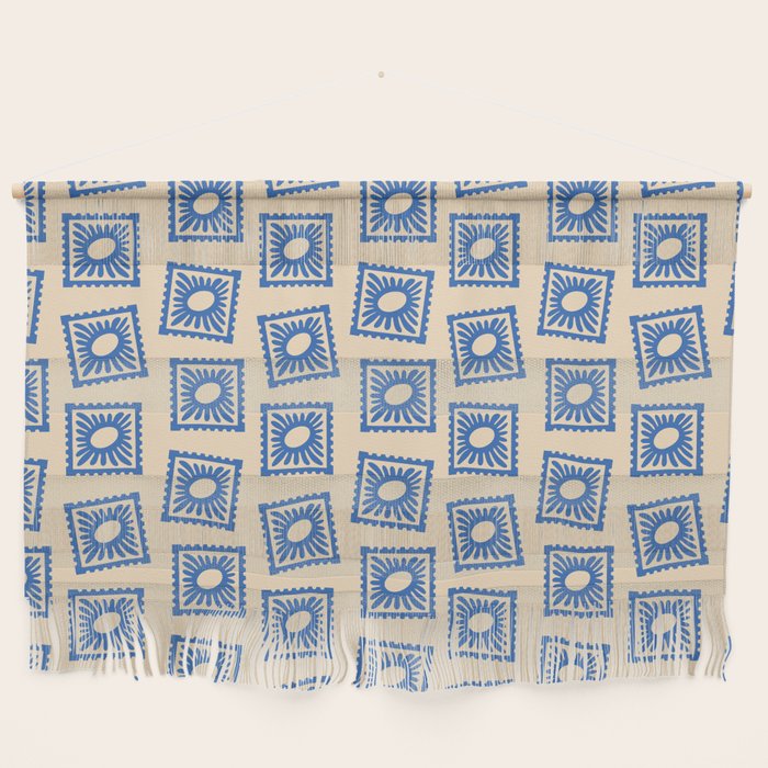 Vintage blue flower postage stamp pattern Wall Hanging Gallery Image 1