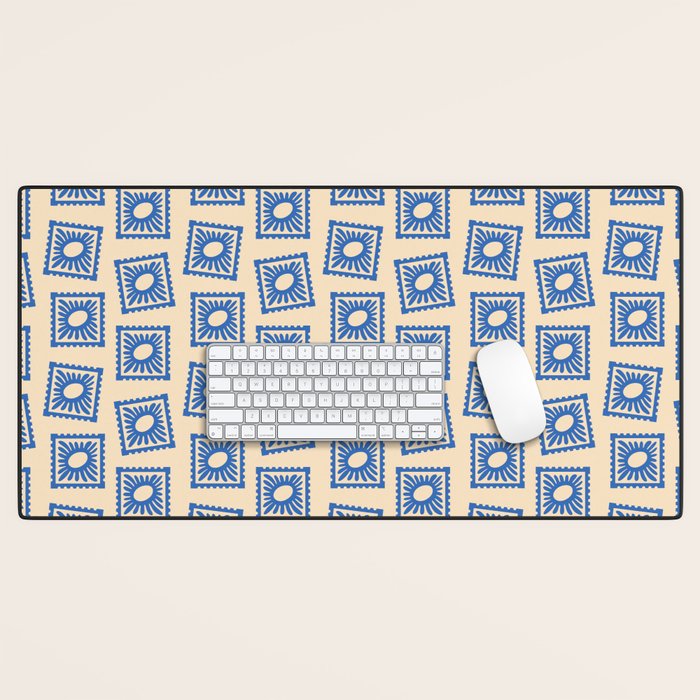 Vintage blue flower postage stamp pattern Desk Mat Gallery Image 1