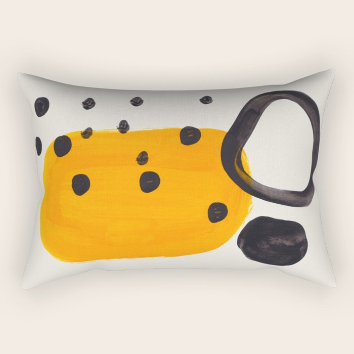 Unique Abstract Unique Mid century Modern Yellow Mustard Black Ring Dots Rectangular Pillow Gallery Image 2