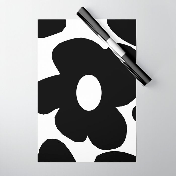 One Large Black Retro Flower White Background #decor #society6 #buyart Wrapping Paper Gallery Image 1