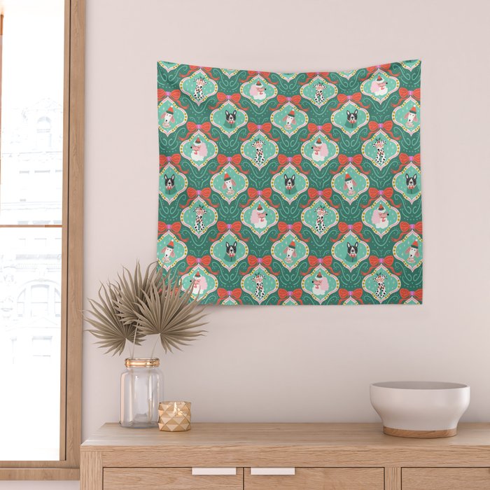 Christmas Dogs Festive Furry Holiday Ornaments Damask Dark Green  Wall Tapestry Gallery Image 2