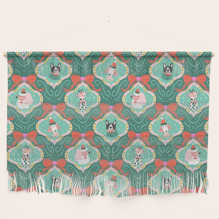 Christmas Dogs Festive Furry Holiday Ornaments Damask Dark Green  Wall Hanging Gallery Image 1