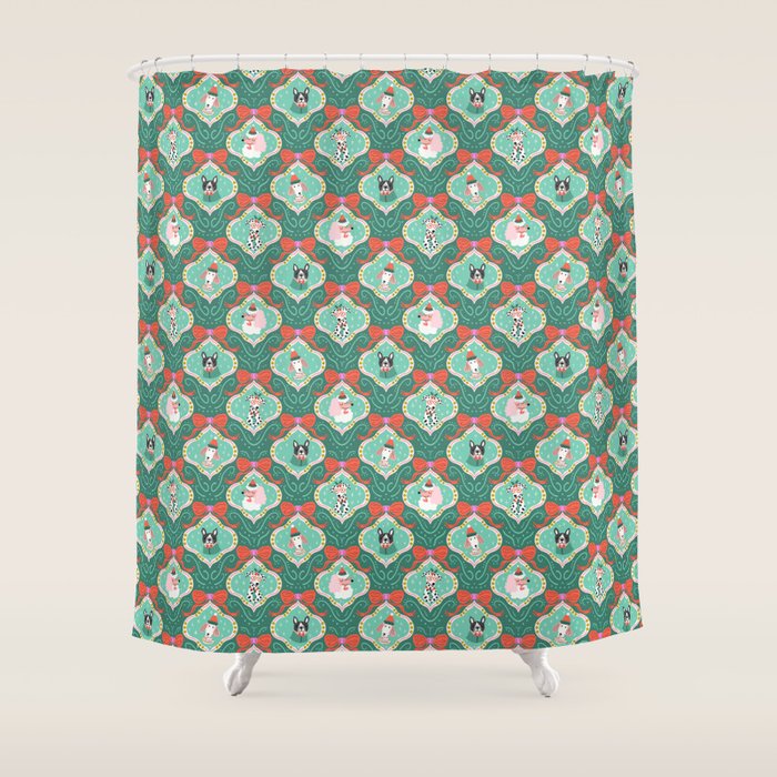 Christmas Dogs Festive Furry Holiday Ornaments Damask Dark Green  Shower Curtain Gallery Image 1